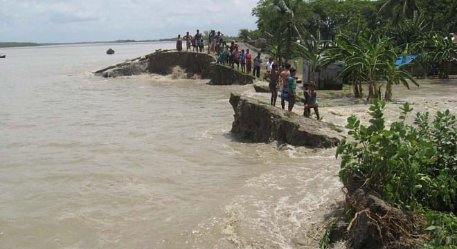 Ten villages in Nazirpur area and, five villages in Charipara area under Kalapara upazila of Patuakhali district got flooded following collapse of the flood control dykes in the areas due to strong tidal surge under the impact of full moon. Photo: Star