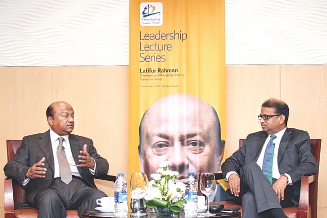Left, Latifur Rahman, chairman of Transcom Group, speaks at the EBL Leadership Lecture Series at the Westin in Dhaka on Tuesday. Ali Reza Iftekhar, managing director of Eastern Bank, moderated the session.  Photo: EBL