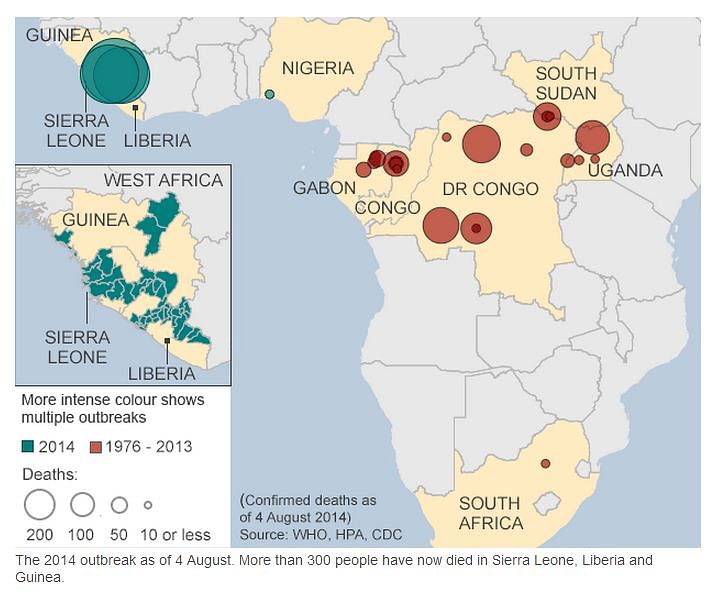  The 2014 outbreak as of 4 August. More than 300 people have now died in Sierra Leone, Liberia and Guinea. Source: BBC Online