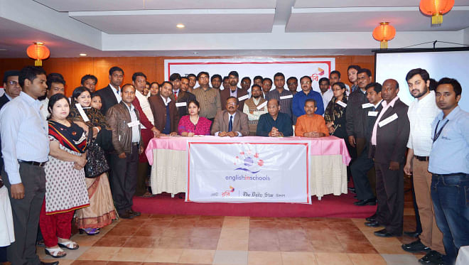 Guests, participants, and trainers at the inaugural session of a two-day training workshop for secondary school English language teachers at Hotel Warison in Rajshahi city yesterday.  Photo: Star