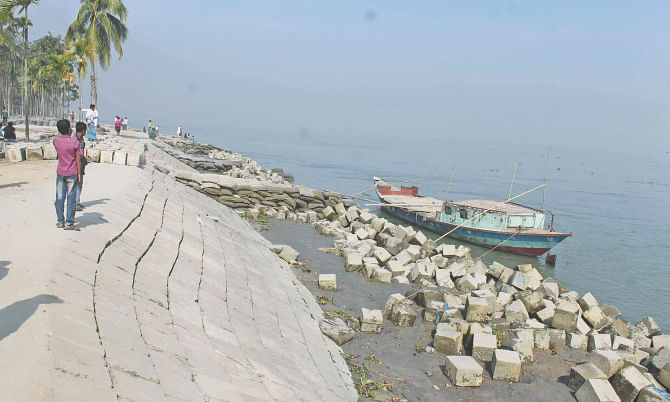 This flood control embankment was built along Ulania village in Mehendiganj upazila of Barisal to save the his toric spots from the onslaught of the Meghna River. PHOTO: STAR