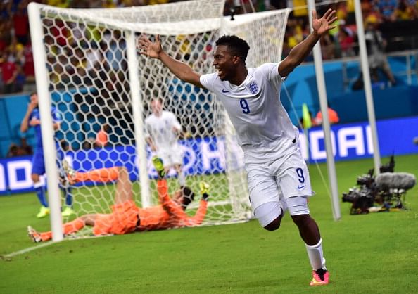 England's forward Daniel Sturridge celebrates after scoring a goal during a Group D football match between England and Italy at the Amazonia Arena in Manaus during the 2014 FIFA World Cup on June 14, 2014. Photo: AFP/Getty Images
