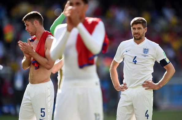 Gary Cahill (L) and Steven Gerrard of England look on after a 0-0 draw during the 2014 FIFA World Cup Brazil Group D match between Costa Rica and England at Estadio Mineirao on June 24, 2014 in Belo Horizonte, Brazil. Photo: Getty Images