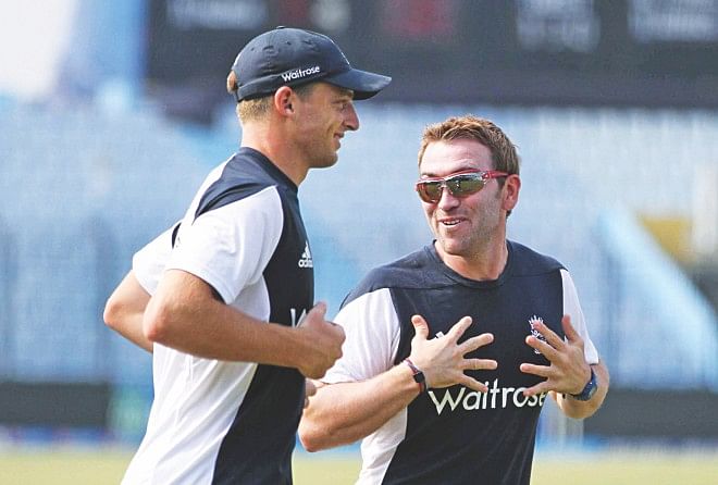 England, who recorded a morale-boosting win over Sri Lanka the other day, players share a light moment during training at the MA Aziz Stadium in Chittagong yesterday. PHOTO: ANURUP KANTI DAS