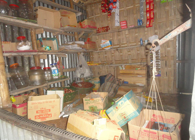 A grocery shop ransacked and looted by the gang at the village. Photo: Star