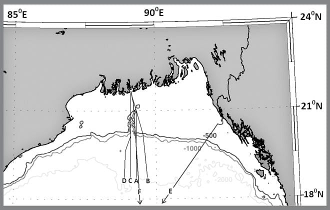 Figure 1: Bathymetry of the Bay of Bengal (Smith & Sandwell 1997) with Demarcation Lines