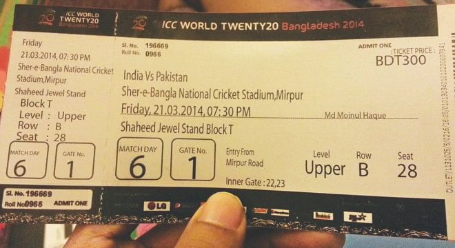 It's an ICC World T20 ticket for India-Pakistan match which is in high demand. Unfortunately it's a fake one which has a striking dissimilarity with the original one denoted in the red mark. Photo: Courtesy 