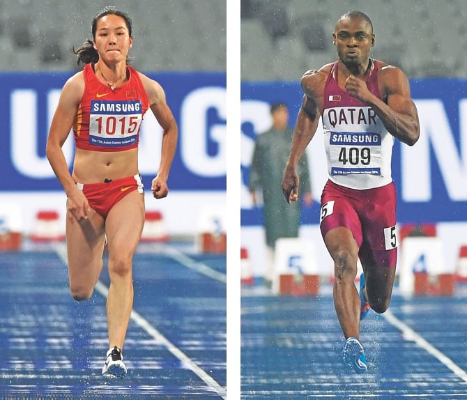  China's Wei Yongli (L) and Qatar's Femi Ogunodeon their way to winning the women's and men's 100m respectively at the Incheon Asiad Main Stadium in Incheon yesterday. PHOTOS: AFP