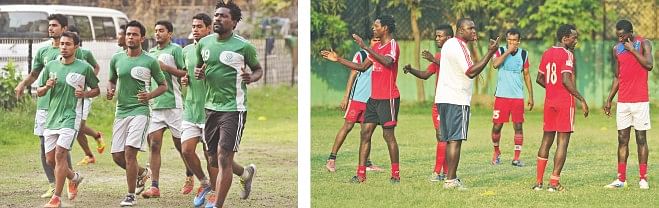 (L) Mohammedan players jog during a training session at the club's ground in Motijheel while (R) Feni Soccer Club's Gambian coach Omar K Sise conducts a training session at the Kamalapur Stadium yesterday. PHOTOS: STAR