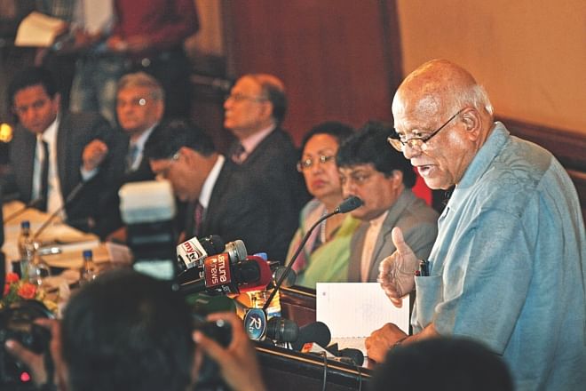 Finance Minister AMA Muhith speaks at a pre-budget consultation meeting co-organised by the NBR and FBCCI at Sonargaon Hotel in Dhaka yesterday.  Photo: Star 