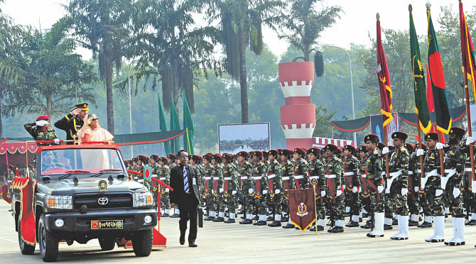  Prime Minister Sheikh Hasina takes salute during the passing-out parade of the country's first female military paramedics batch at Shaheed Salahuddin Cantonment of Ghatail, Tangail. Photo: PID