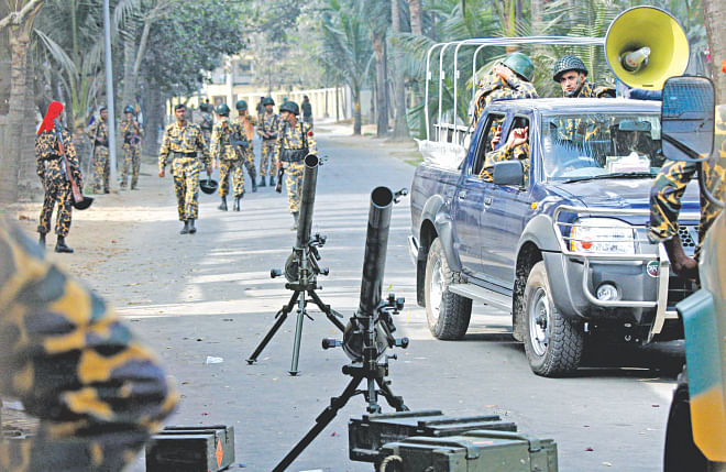 It was no ordinary day. With these mortar launchers and angry jawans on patrol, the Pilkhana BDR headquarters was virtually a combat zone in the morning of February 25, 2009. A bloody mutiny broke out on that day and ended up claiming lives of 57 army officers.  Photo: File Photo