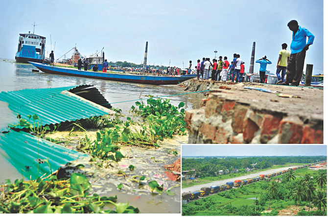 The mighty Padma devours land, homes, shops and roads at Mawa in Munshiganj. Roads leading to pontoons for large ferries are gone, disrupting services and causing a long queue of trucks, inset, yesterday. Photo: Firoz Ahmed
