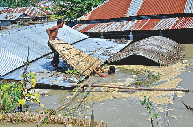 Flood affected people of Rohodoha area in Sariakandi upazila, Bogra are moving whatever they can from their inundated houses. The photo was taken on Saturday. Photo: Star