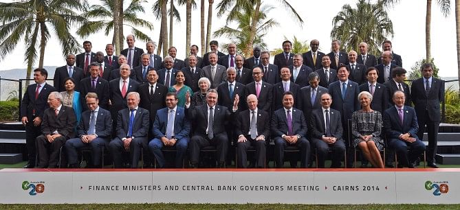 Finance ministers and central bank governors pose for a group photograph at the G20 Finance Ministers and Central Bank Governors Meeting in Cairns yesterday. Finance ministers from G20 nations met in Cairns as they grapple with how to achieve a lift in global growth by 2 percent while being held back by a sickly eurozone recovery. Photo: AFP