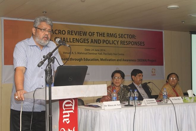 Binayak Sen, research director of Bangladesh Institute of Development Studies, speaks at a discussion on macro review of the garment sector's gains and challenges, at The Daily Star Centre in Dhaka yesterday. Photo: Star