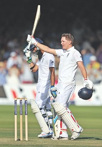 England batsman Gary Ballance celebrates his century against India on the second day of the second Test at Lord's in London on Friday. PHOTO: AFP