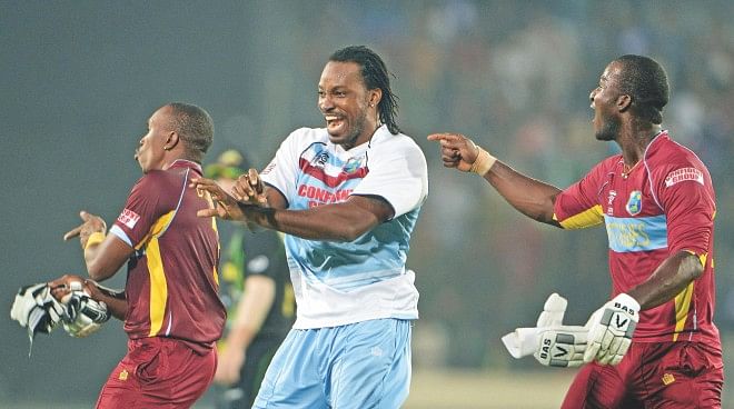 Gangnam came back with the West Indies with Chris Gayle entertaining his captain fantastic Darren Sammy after their win over Australia in Dhaka. Photos: Star File 