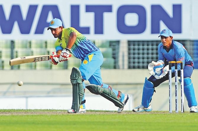 Abahani's Liton Das plays one on the leg side during his knock of 98 which helped his side win against Prime Doleshwar in the Dhaka Premier League at the Sher-e-Bangla National Stadium yesterday. PHOTO: FIROZ AHMED