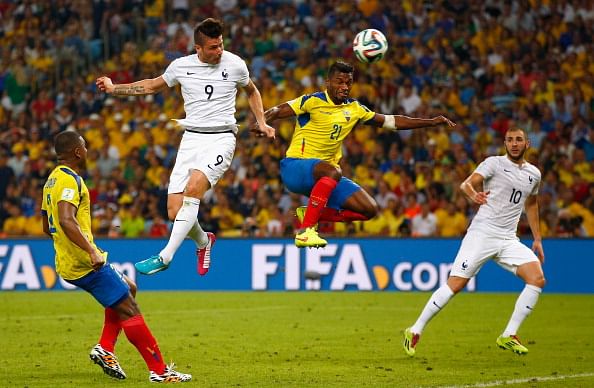 Olivier Giroud of France heads the ball toward goal against Gabriel Achilier of Ecuador during the 2014 FIFA World Cup Brazil Group E match between Ecuador and France at Maracana on June 25, 2014 in Rio de Janeiro, Brazil. Photo: Getty Images