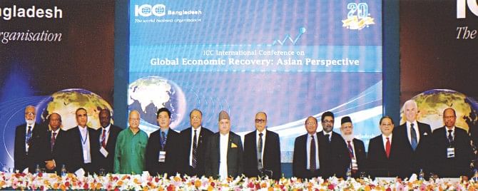 Seventh from right, Bangladesh President Abdul Hamid attends the ICC international conference on global economic recovery: Asian perspective, at Bangabandhu International Conference Centre in Dhaka yesterday. Photo: PID