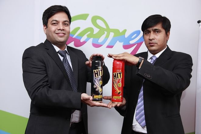Officials of Godrej pose with HIT, an insect killer aerosol, at a launching ceremony in Dhaka recently. Photo: Godrej 