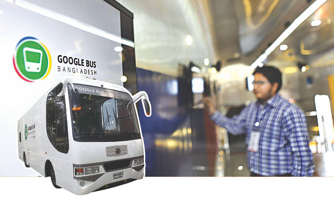 A man inside the Google Bus Bangladesh yesterday. The bus, inset, would travel to educational institutions and encourage students to use Google Apps and the internet. Photo: Star