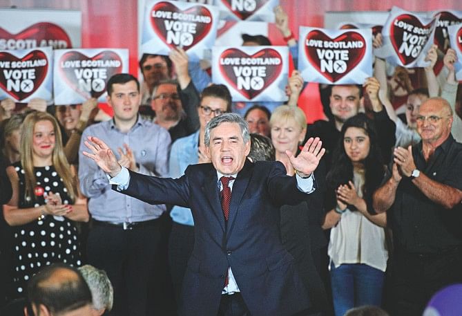 Former British Prime Minister Gordon Brown hosts a rally in Glasgow, Scotland, yesterday ahead of the today's referendum on Scotland's independence. Photo: AFP