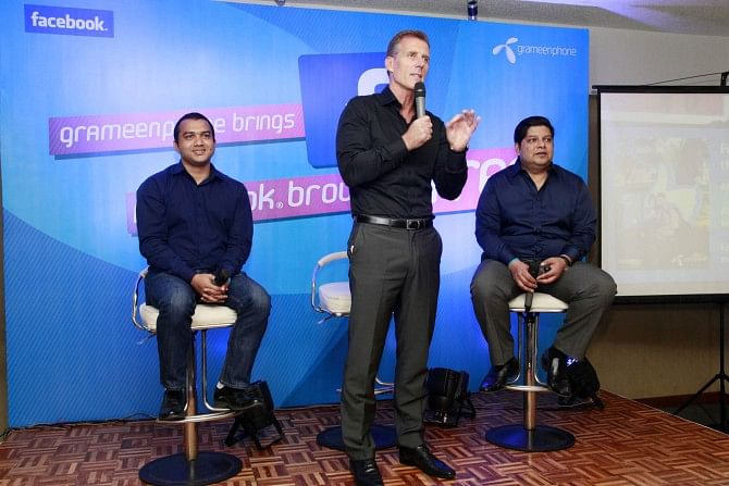 Allan Bonke, chief marketing officer of Grameenphone, speaks at the launch of the company's offer of providing GP users with free Facebook from 12am to 6pm every day, at a programme in Dhaka yesterday. Photo: GP