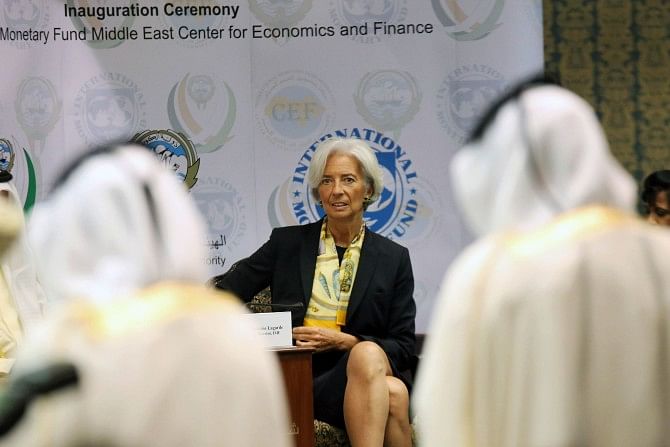 International Monetary Fund Managing Director Christine Lagarde takes part in a ceremony to inaugurate the Middle East Center for Economics and Finance in Kuwait City on Saturday. Photo: AFP 
