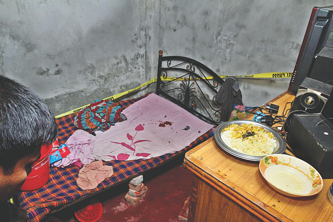 The small room in Sonalibagh in the capital where three people were shot dead when they were having dinner last night. Photo: Anisur Rahman