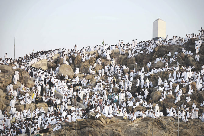 Muslim pilgrims gather on Mount Arafat, near Makkah, to take part in one of the Hajj rituals yesterday. Photo: AFP