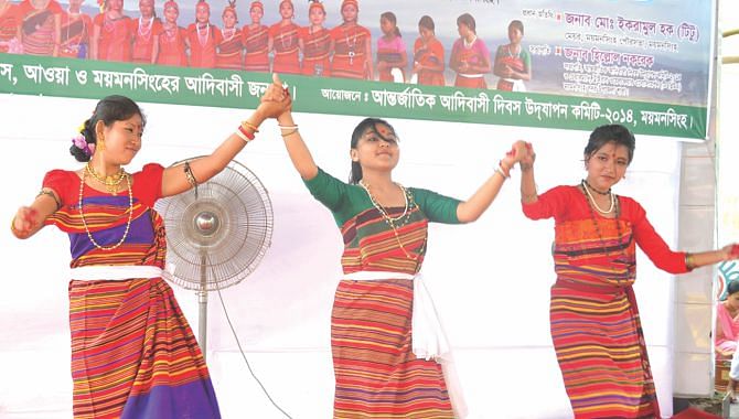 Hajong girls dance at the programme in Mymensingh.  Photo: Star