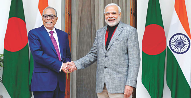 President Abdul Hamid meets Indian Prime Minister Narendra Modi at the Hyderabad House in New Delhi yesterday. The president is on a six-day visit in India. Photo: PIB, India