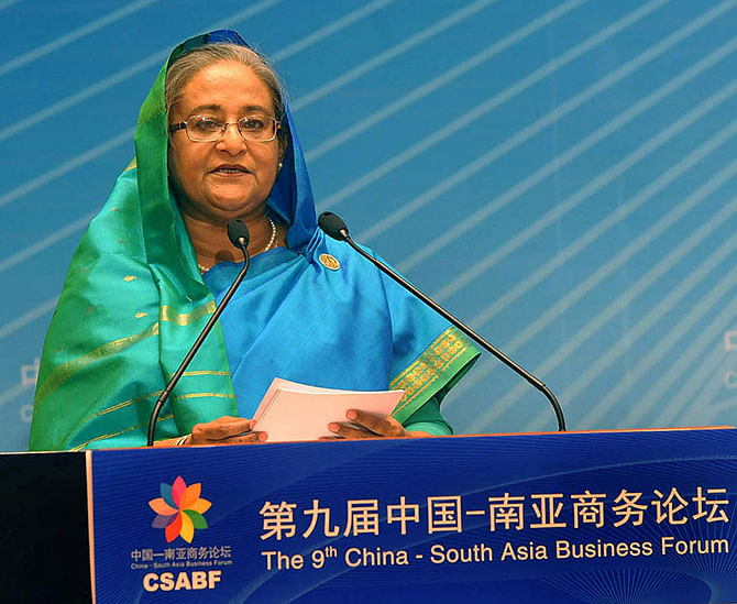 Prime Minister Sheikh Hasina speaks at the ninth China-South Asia Business Forum held at a conference centre in Kunming, China on Saturday. Photo:  PID