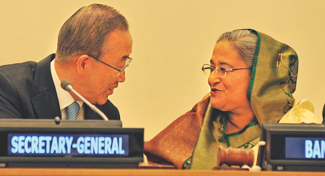 UN Secretary General Ban Ki-moon talking to Prime Minister Sheikh Hasina at the UN headquarters in New York during a programme for celebrating the 40 year anniversary of Bangladesh becoming a UN member state. Photo: BSS