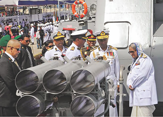 Prime Minister Sheikh Hasina visits BNS Osman at Naval Berth in Chittagong yesterday. BNS Osman has been awarded with the National Standard for its contribution at home and abroad, especially for its role in the UN Peacekeeping Mission in Lebanon. Photo: PID