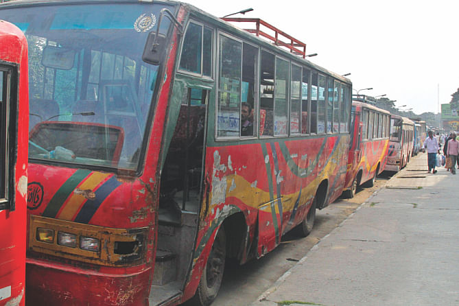 Unfit buses are parked in the capital's Kamalapur for repairs. Photo: Amran Hossain