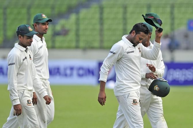 HATS OFF: Shakib Al Hasan bows to the Mirpur crowd after his five-for, in fact 6-59, against Zimbabwe. PHOTO: STAR