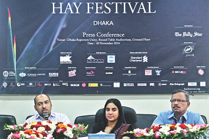 From left, Kazi Anis Ahmed, festival adviser of Hay Festival Dhaka, Sadaf Saaz Siddiqui, the festival director, and Dr Salehuddin Ahmed, managing editor of The Daily Star, at a press conference on the literary festival at Dhaka Reporters Unity yesterday. The three-day festival will kick off at Bangla Academy of the capital tomorrow. photo: star