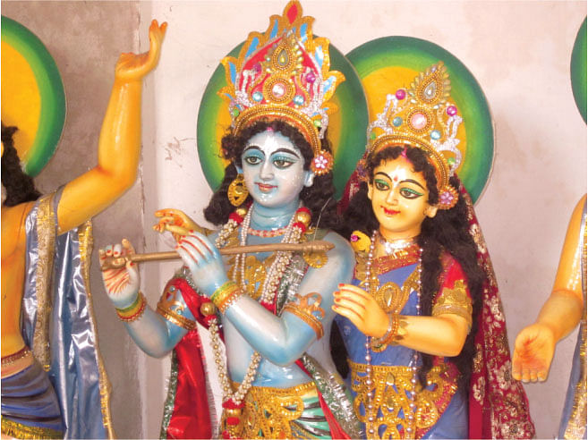 The Doms follow Hinduism, the eternal religion.  Believing in the prophet Chaitanya Mahaprabhu whose  ancestors lived in Sylhet, it is natural that Radha and  Krishna feature at their home shrine.