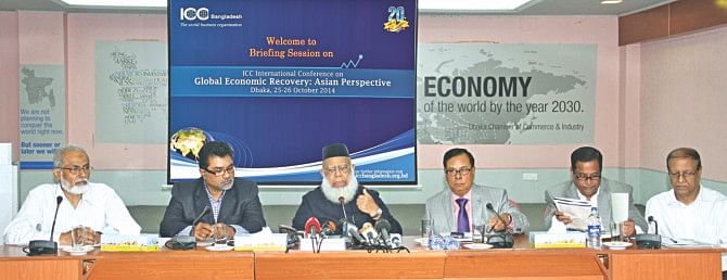 Mahbubur Rahman, president of ICCB, and Mohammad Shahjahan Khan, president of DCCI, attend a press briefing in Dhaka yesterday to announce an upcoming international conference.  Photo: ICCB