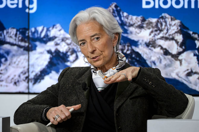 Managing Director of the International Monetary Fund Christine Lagarde speaks during a session of the World Economic Forum's annual meeting in Davos yesterday. Photo: AFP