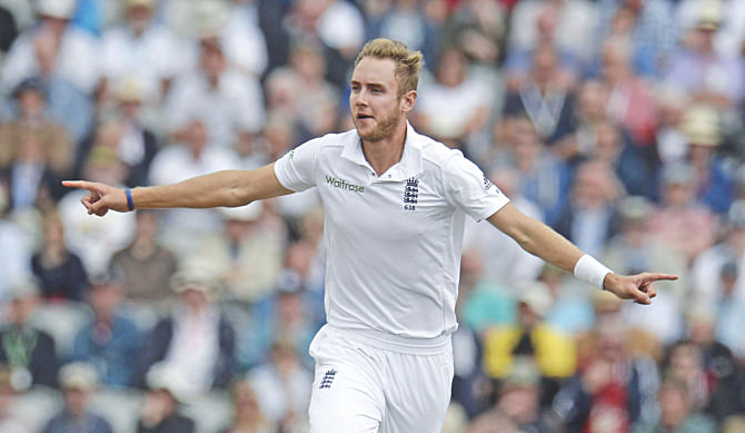 England pacer Stuart Broad celebrates dismissing India opener Gautam Gambhir on the first day of the fourth Test at Old Trafford in Manchester on Thursday. PHOTO: REUTERS