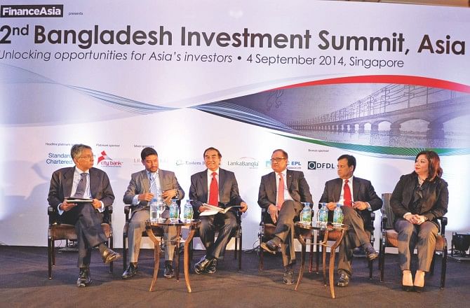 From left, Mahmudul Huq, managing director of Sadat Jute Industries; Shameem Ahsan, president of BASIS; Mahfuz Anam, editor of The Daily Star; Iqbal Ahmed, chairman of Seamark Group; MKM Mohiuddin, former president of CSE; and Sonia Bashir Kabir, country director of Microsoft Bangladesh, attend a panel discussion on the export and outsourcing sector at Bangladesh Investment Summit in Singapore yesterday.  Photo: FINANCEASIA 