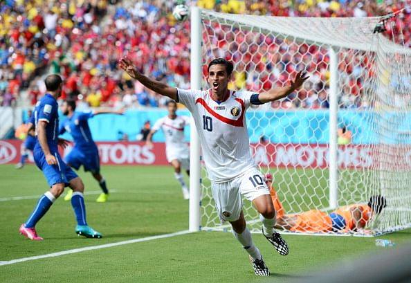 Bryan Ruiz of Costa Rica celebrates scoring his team's first goal during the 2014 FIFA World Cup Brazil Group D match between Italy and Costa Rica at Arena Pernambuco on June 20, 2014 in Recife, Brazil. Photo: Getty Images