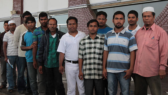 In this April 17 photo shows the 12 migrant workers, who landed at Shahjalal International Airport after their return from Iran. They had been abducted in Iran and held hostage there for months. Photo: Star