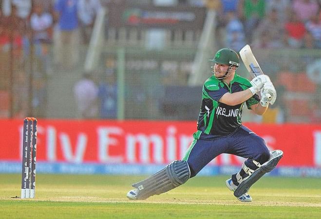 Ireland opener Paul Stirling follows through on a square-cut on way to hammering a 34-ball 60 against Zimbabwe in their ICC World Twenty20 match at the Sylhet Cricket Stadium yesterday. PHOTO: INTERNET