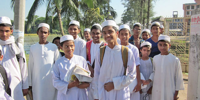 Madrassa students outside the Nesarabadi Islamic Complex in Jhalakathi. Photo: Andrew Eagle
