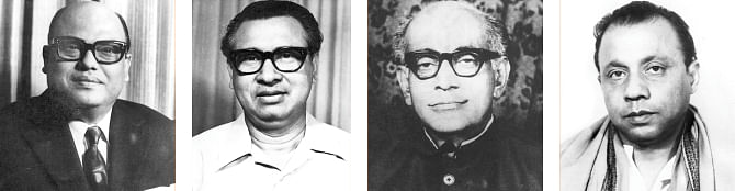 L-R: Syed Nazrul Islam, Tajjuddin Ahmad, Captain (Rtd.) Monsur Ali, AHM Quamruzzaman